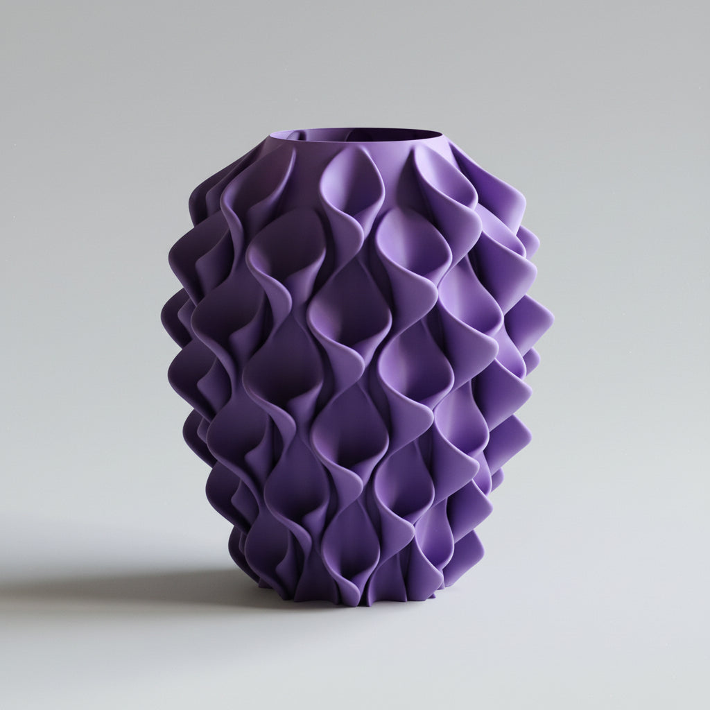 Coral vaas in lila op lichtgrijze achtergrond – 3D-geprint designobject met golvend coralpatroon, gerecycled PLA kunststof van Studio VormVezel