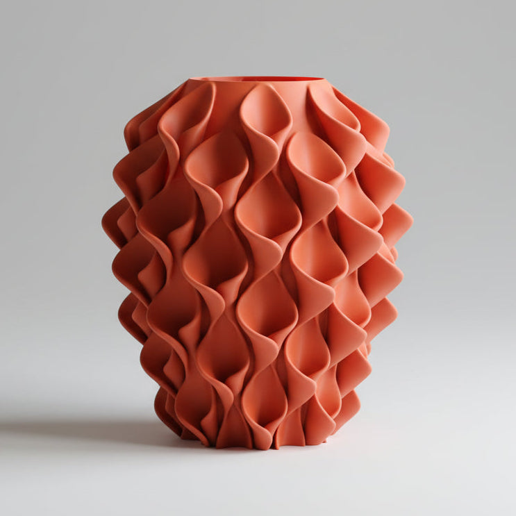 Coral vaas in terracotta rood-oranje – 3D-geprint designobject met golvend coralpatroon, gerecycled PLA kunststof van Studio VormVezel