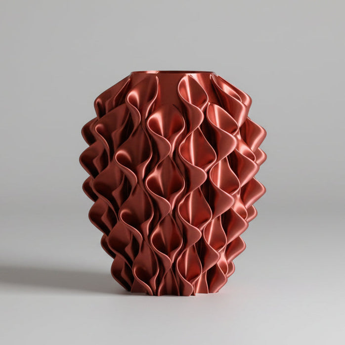 Coral vaas in koper – 3D-geprint designobject met golvend coralpatroon en metallic koperglans, gerecycled PLA kunststof van Studio VormVezel