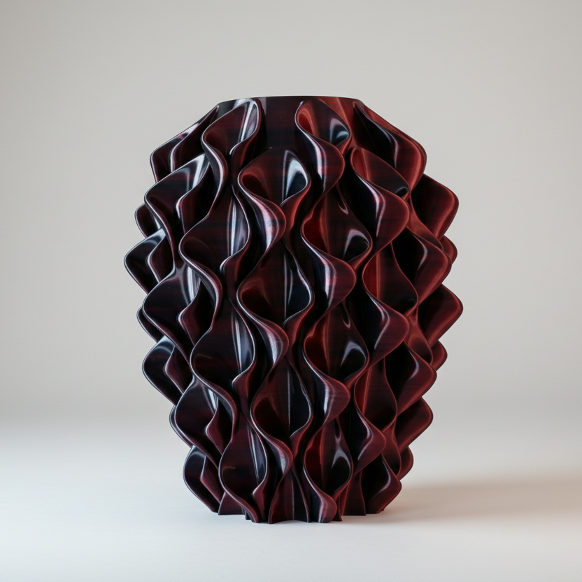 Coral vaas in zwart en rood – 3D-geprint designobject met golvend coralpatroon en kleurverloop, gerecycled PLA kunststof van Studio VormVezel