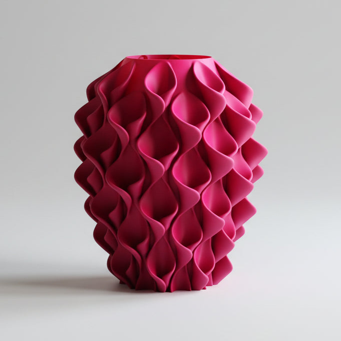 Coral vaas in pruimrood – 3D-geprint designobject met golvend coralpatroon, gerecycled PLA kunststof van Studio VormVezel