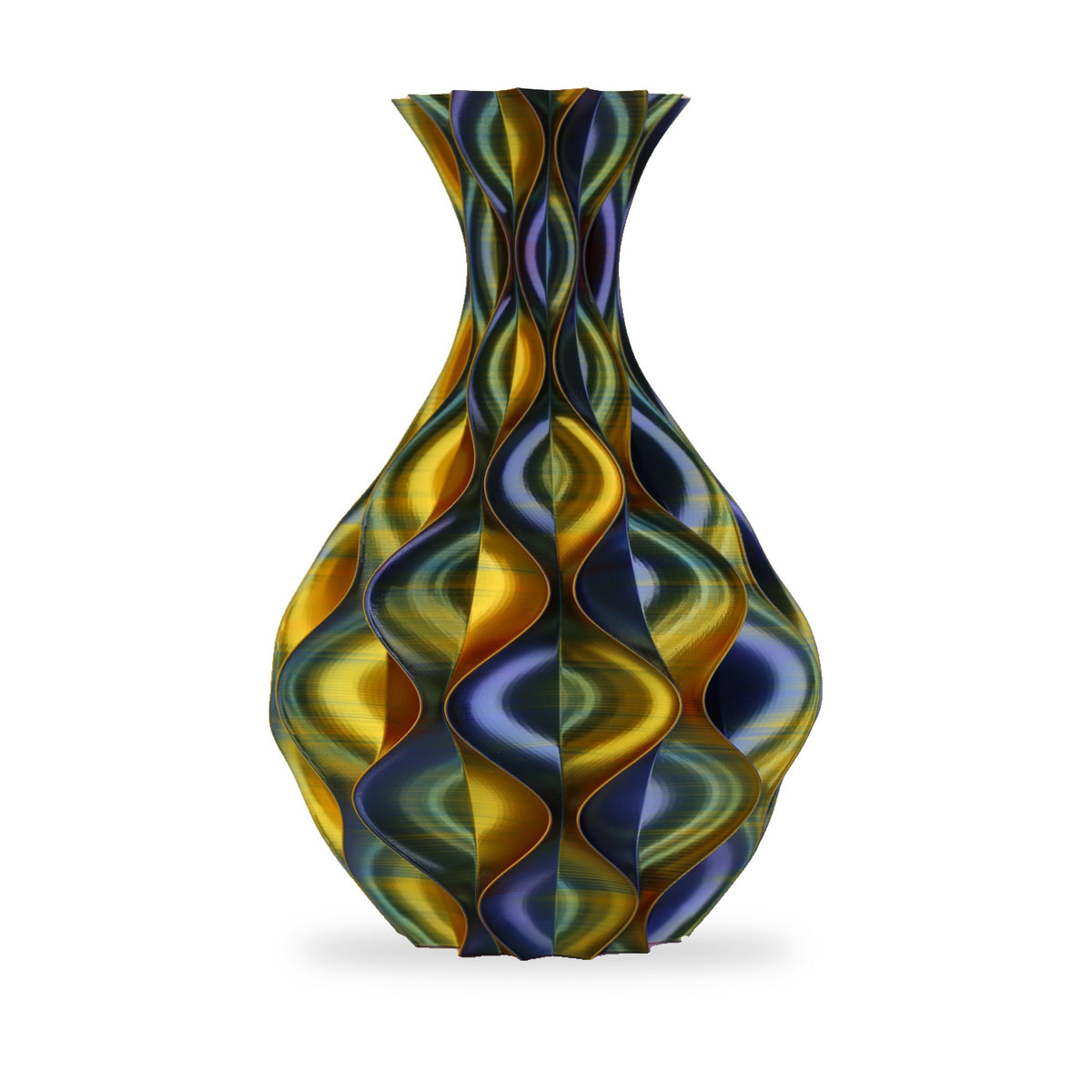 Schelp vaas Blauw Geel Rood op witte achtergrond, andere kant